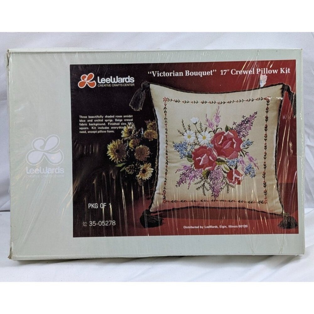 Vintage Leewards Victorian Bouquet 17" Crewel Pillow Kit 35-05278‎ Sealed NOS
